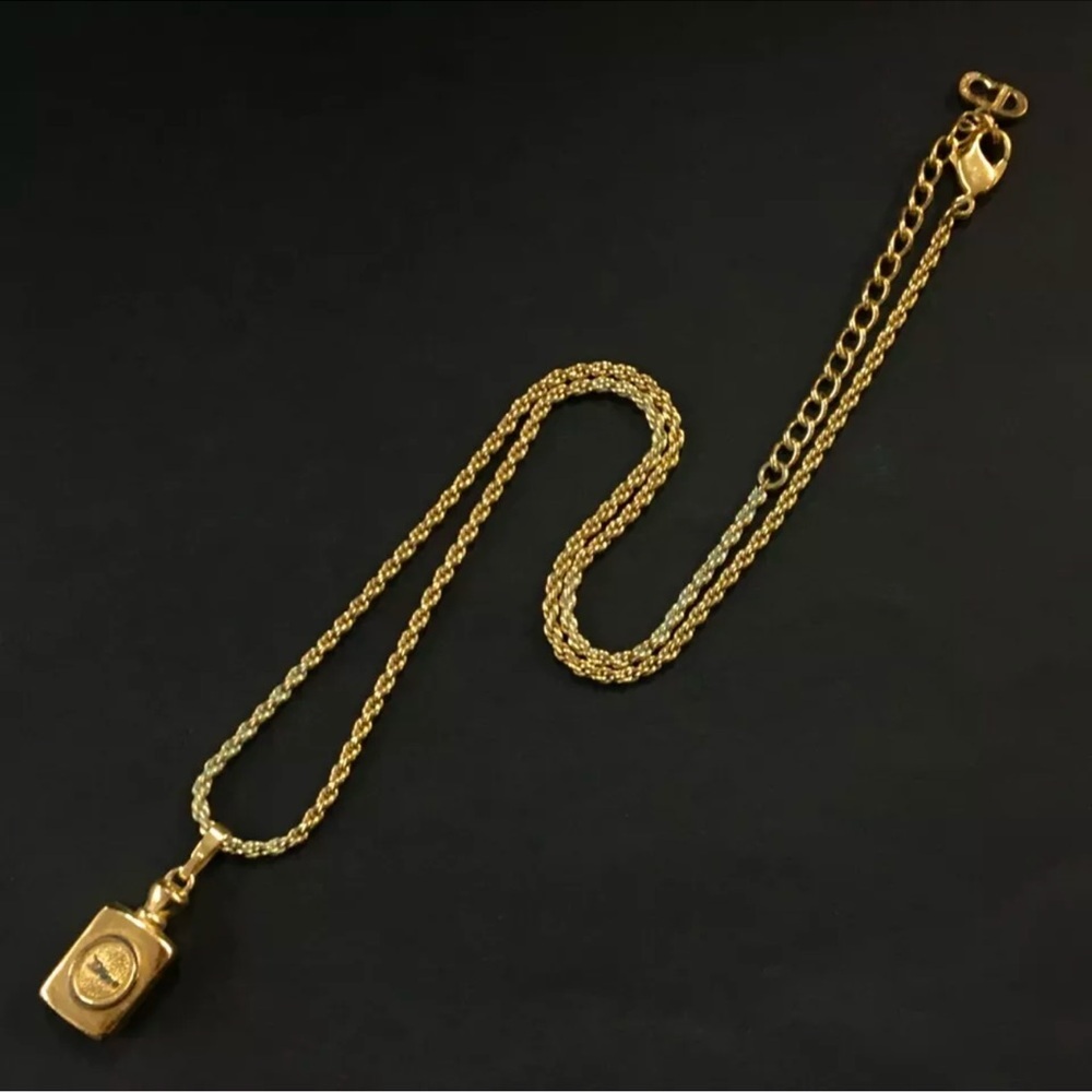 Christian Dior Gold Perfume Bottle Necklace Dior Logo